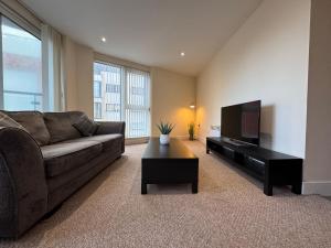 a living room with a couch and a flat screen tv at Three bed apartment in the Tower in Swansea