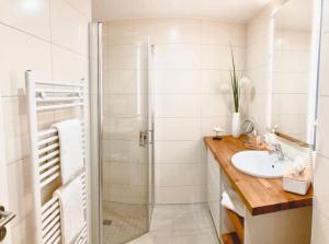a bathroom with a sink and a shower at Ferienwohnungen PerlePlau in Plau am See +22 photos