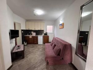a living room with a couch and a kitchen at Mystras Apartments in Kotor