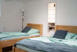 a room with two beds with blue pillows on them at Ubytování U Mecha in Bečice
