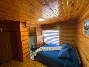a bedroom with a bed in a wooden room at Chiloe Seta in Ancud