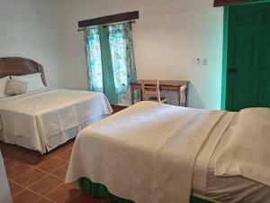a bedroom with two beds and a green door at Casa GALLARDO in Danlí