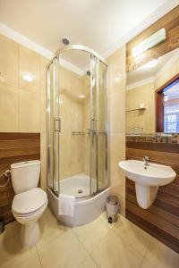 uma casa de banho com um WC, um chuveiro e um lavatório. em Pałac Łagów - Hotel em Zgorzelec
