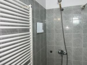 a bathroom with a shower with a glass door at Casa Dalia 2 in Sighişoara +44 photos