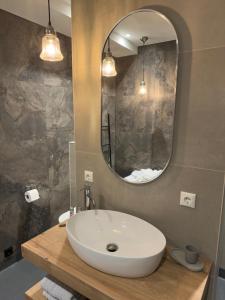 a bathroom with a white sink and a mirror at Eighty One Horse Boulevard in Valkenswaard