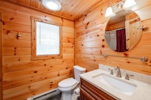 a bathroom with a toilet and a sink and a mirror at Cozy Cub Cabin by Railey Vacations in McHenry +28 photos