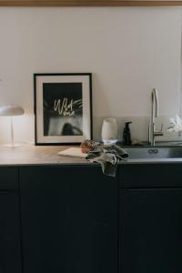 a kitchen counter with a picture and a sink at 4 bedroom house for 8 guests in Brülisau