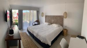 a bedroom with a bed and a desk and a window at Brisas de Centenario in Paso de los Toros