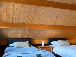 two beds in a room with wooden walls at Owls Nest in Larling