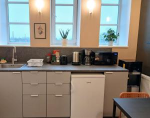 a kitchen with a counter with a coffee maker and a microwave at Aiakeskuse hostel in Rakvere
