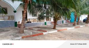 a row of palm trees in front of a building at Hôtel Kolou Wyam in Tcharé