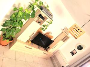 a woman standing in a living room with a tv at Appartament ZEA in Durrës