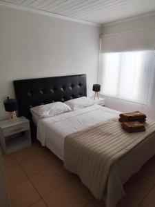 a bedroom with a large bed with a black headboard at Luluk, Casa de playa in Balneario Pehuén-Có