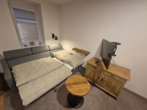 a living room with a couch and a tv at Apartmán U Vaňků in Jáchymov