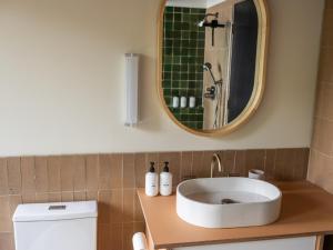 a bathroom with a sink and a mirror at The Bald Seagle in Port Orchard