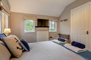 a bedroom with a large bed with blue pillows at 2 Bed in Uplyme oc-s28314 in Uplyme