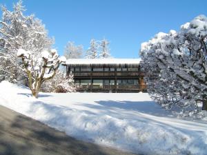 un bâtiment recouvert de neige à côté d'un arbre dans l'établissement Ferienpark Vorauf, à Siegsdorf