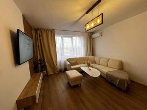 a living room with a couch and a tv at Apartament Atrium Gara Afi in Arad