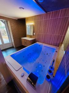 a large blue tub in a bathroom with a sink at Le Cupidon & Spa in Pont-Sainte-Maxence +23 photos