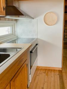 a kitchen with a sink and a stove at Mountain Cabin With Glacier Views in Norheimsund