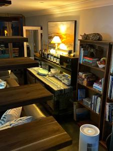 a living room with a table and a cat sitting on a shelf at Sea Paradise in Wilderness