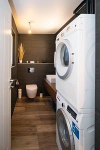 a white washer and dryer in a bathroom at Bell Air-Plus in Les Hauts-Geneveys