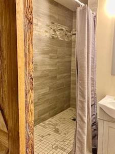 a shower with a glass door in a bathroom at Tellico River Retreat in Tellico Plains +32 photos
