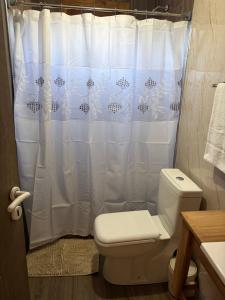a bathroom with a toilet and a shower curtain at Betsaida2 in Lago Meliquina