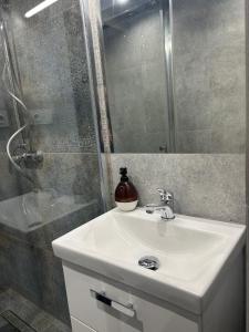 a bathroom with a sink and a shower at Kwatery u Marysi in Szczyrk