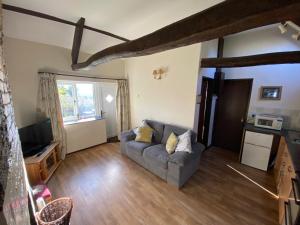 a living room with a couch and a tv at Forge Cottage, Cosy Couples Retreat in the Devon Countryside, Indoor Pool, Tennis Court and Tarka Trail Access in Merton