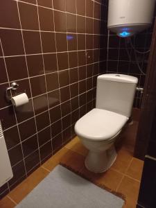 a bathroom with a white toilet in a tiled wall at Lohusalu Studio in Lohusalu