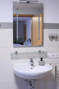 a bathroom with a white sink and a mirror at Albglück in Gammertingen +11 photos