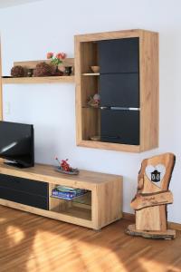 a living room with a tv and a chair at Albglück in Gammertingen