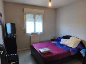 a small bedroom with a bed and a television at Pavillon in Saint-Berthevin-sur-Vicoin