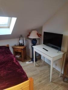 a bedroom with a bed and a tv on a desk at En coloc' chez Charlotte in Dunkerque +12 photos