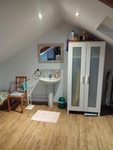 a bathroom with a sink and a mirror and a toilet at En coloc' chez Charlotte in Dunkerque