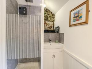 a bathroom with a sink and a shower at Fullers Studio in Holyhead +8 photos