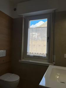a bathroom with a window and a toilet and a sink at Tra prati e monti - Dolomiti Bellunesi in Valle di Cadore