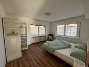 a bedroom with a large bed and two windows at Tra prati e monti - Dolomiti Bellunesi in Valle di Cadore