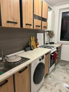a kitchen with a stove and a stove top oven at La Sibip in Târgu Neamț