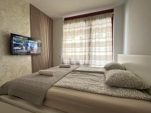 a bedroom with a bed with a television on the wall at Marina Panorama Apartment & Garage in Budapest +48 photos