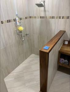 a shower in a bathroom with a wooden counter at Casa Chonita in Tecuala +21 photos