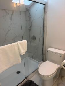 a bathroom with a shower and a toilet at Comfortable Private Room in a Shared Home in Richmond