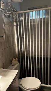 a bathroom with a white toilet and a shower at RE2 Alojamientos in Real de San Carlos