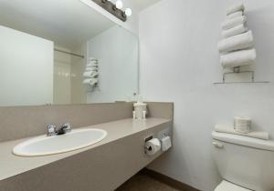 a bathroom with a sink and a toilet and a mirror at Heritage Inn Hotel & Convention Centre - Taber in Taber