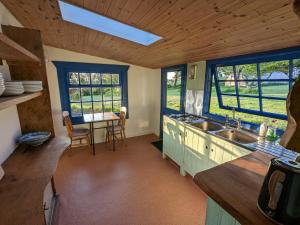 a kitchen with a sink and a table with chairs at Jay's Cabin in Skibbereen