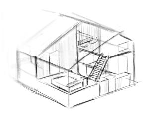 a pencil drawing of a room with a ladder at CrossFit Otoyo Strength "TINY HOUSE" free Firepit, BBQ Grill, GYM in Otoyocho