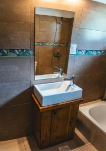 a bathroom with a sink and a mirror and a tub at Cabure in Epuyén