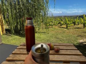 a person holding a bottle of ketchup and apples on a table at Koocoland- Xumuc in Tupungato +2 photos