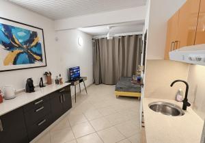 a kitchen with a sink and a desk in a room at Caribbean Lotus in Le François